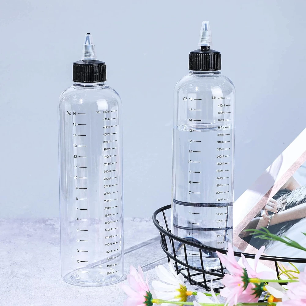 PLAUKŲ BUTELIUKO APLIKATORIAUS 2 Vnt. 500 ml DOZATORIAUS SKAIDRIOS svarstyklės