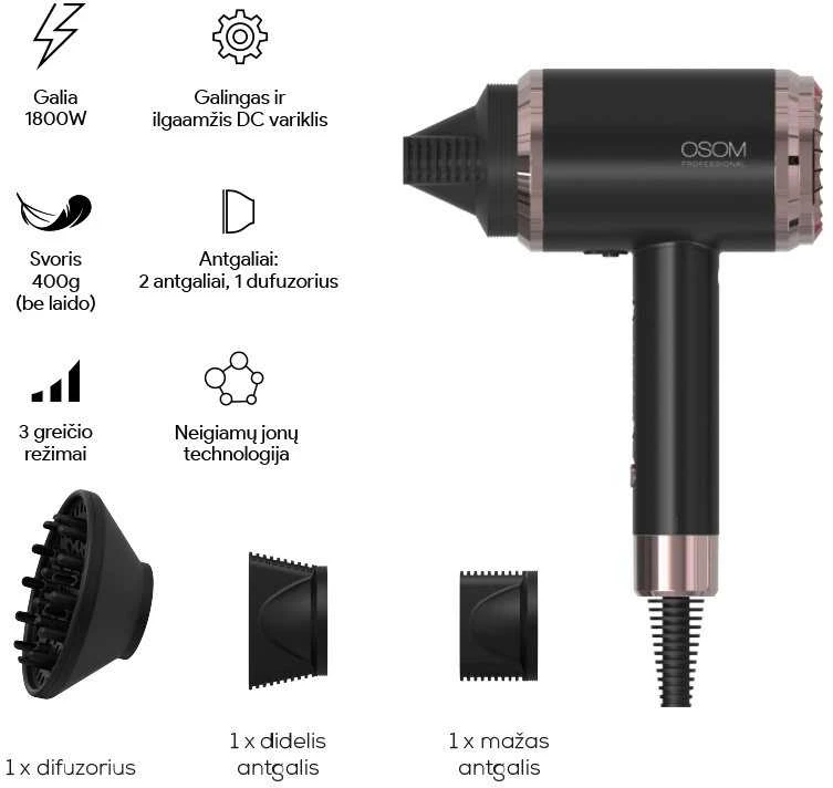 Plaukų džiovintuvas OSOM Professional Juodas Plaukų džiovintuvas OSOM6800BLHD, juodos spalvos, 1800 W