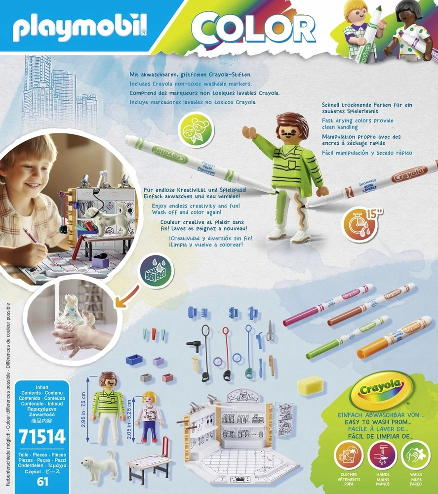 PLAYMOBIL COLOR šunų salonas 4 Crayola markeriai + Katalogas su plakatu 71514