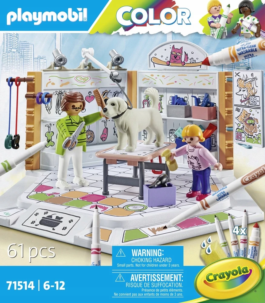 PLAYMOBIL COLOR šunų salonas 4 Crayola markeriai + Katalogas su plakatu 71514
