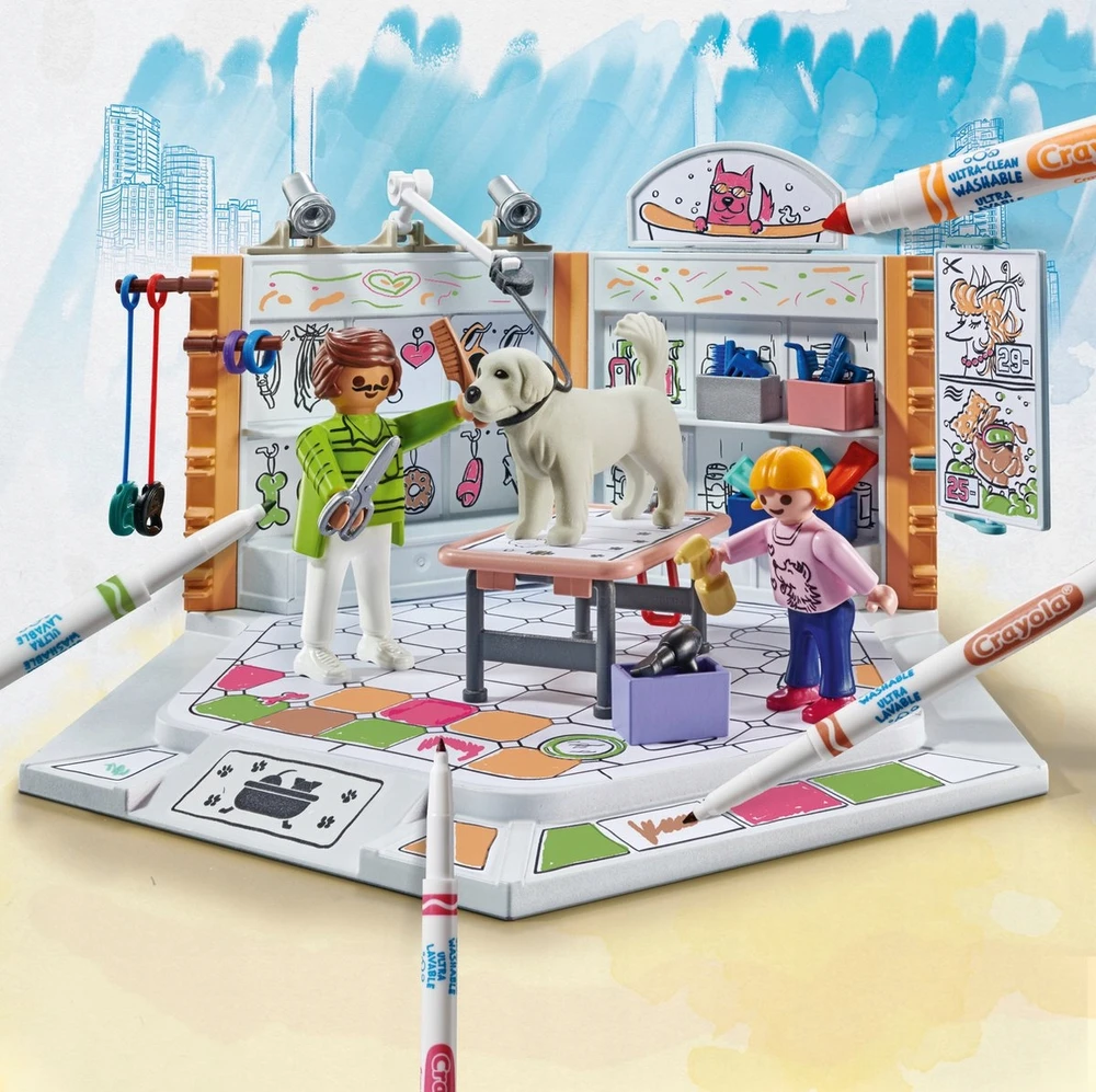 PLAYMOBIL COLOR šunų salonas 4 Crayola markeriai + Katalogas su plakatu 71514