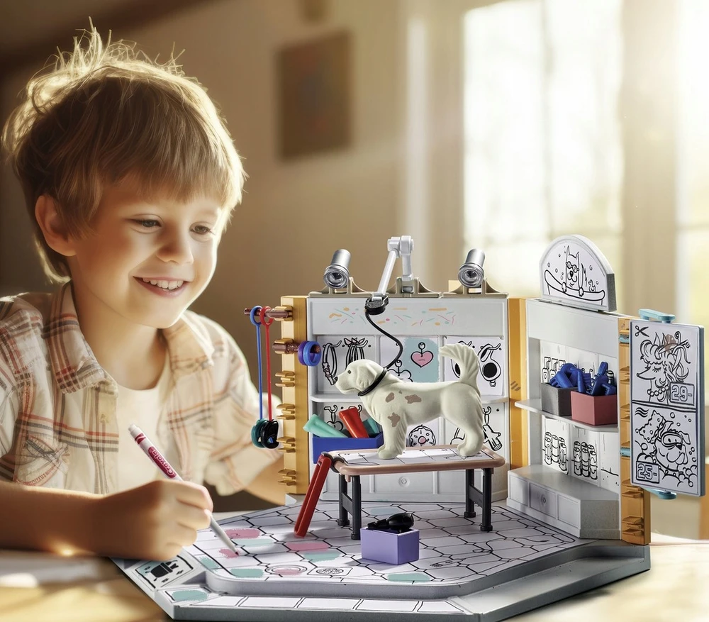PLAYMOBIL COLOR šunų salonas 4 Crayola markeriai + Katalogas su plakatu 71514