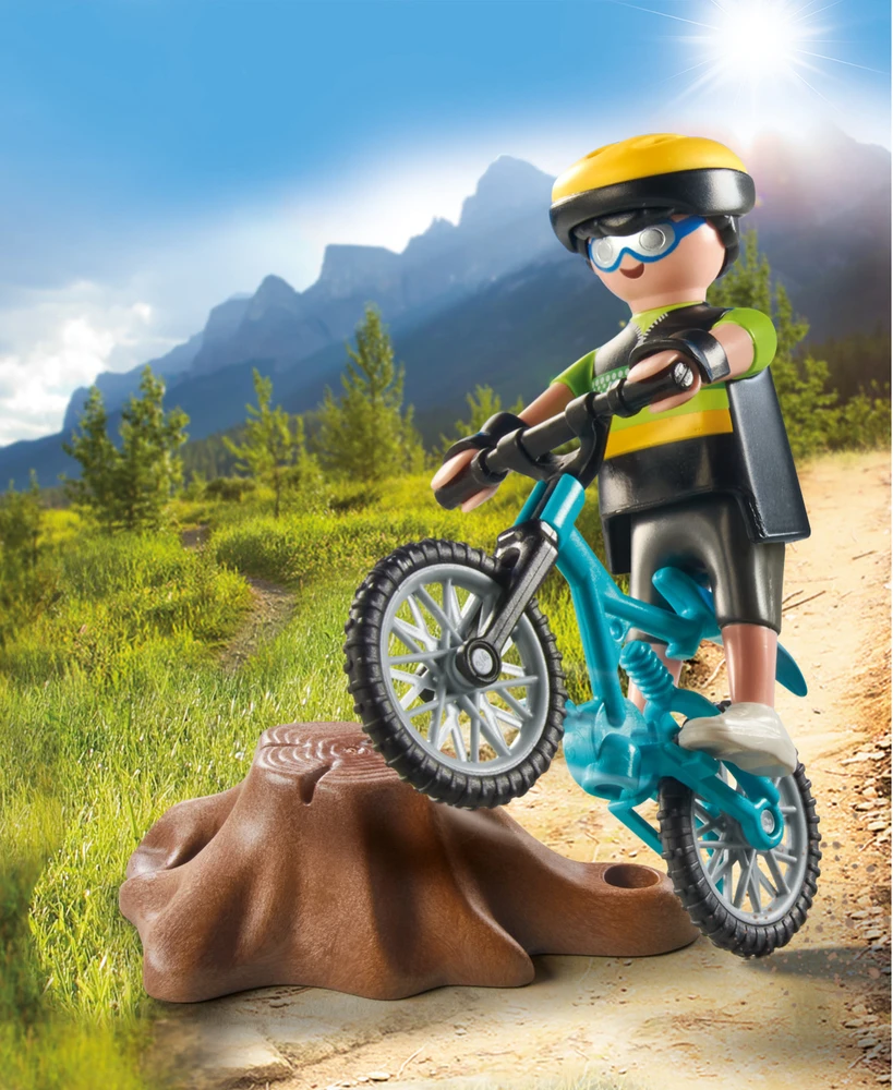 Playmobil Dviratininkas su visureigių dviračiu ir medžio kelmu