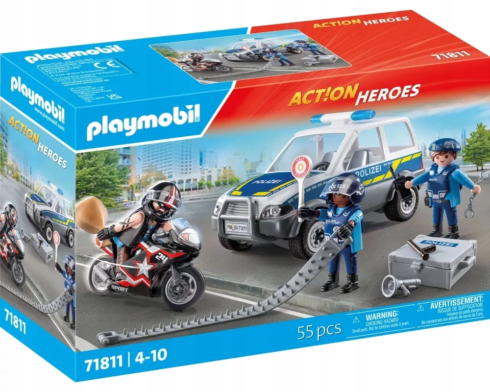 „Playmobil“ miesto herojų rinkinys su policijos pareigūnais, automobiliu, motociklu ir aksesuarais, 55 dalys