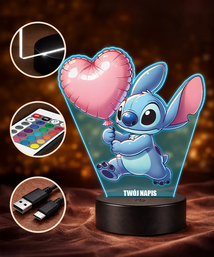 Plexido 3D „Lilo“ ir „Stitch“ LED lempos širdies balionas su vardu, skirta dovanai merginai