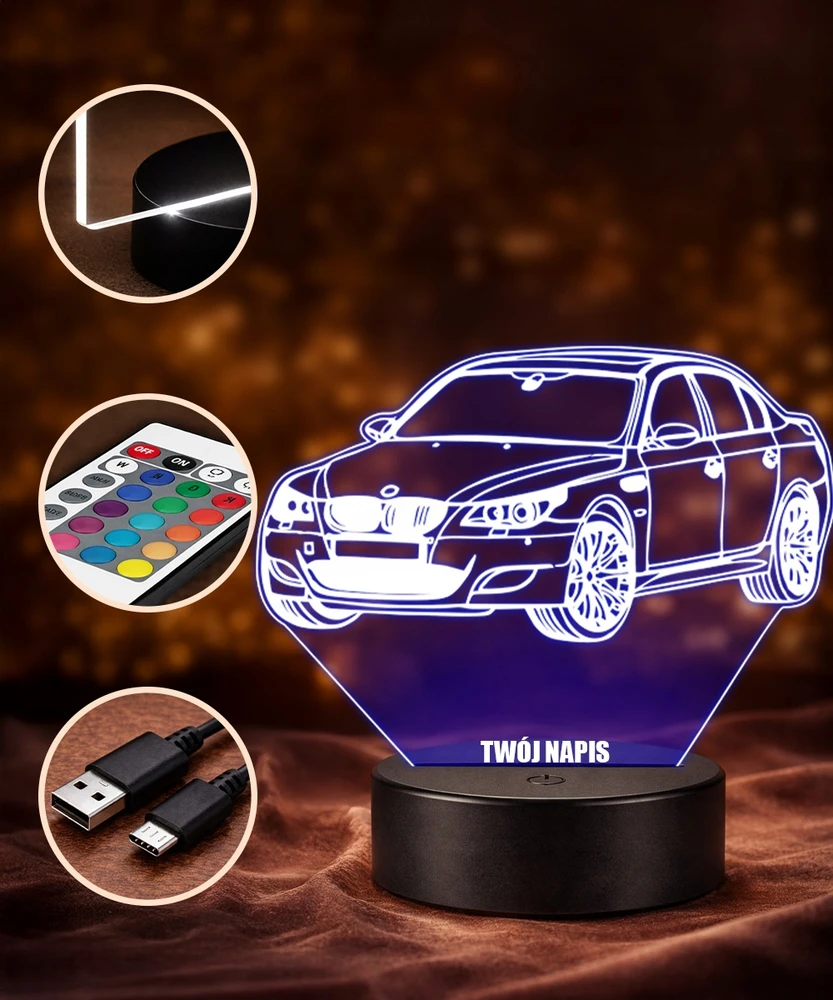 Plexido BMW E60 3D LED lempa su pavadinimu automobilio gerbėjui. Dovana