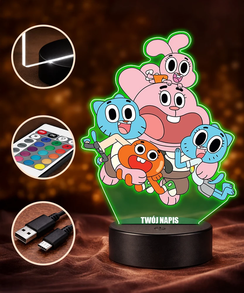Plexido Gumball Niesamowity Świat Lampka Nocna LED 3D su Imieniem dla Dziecka