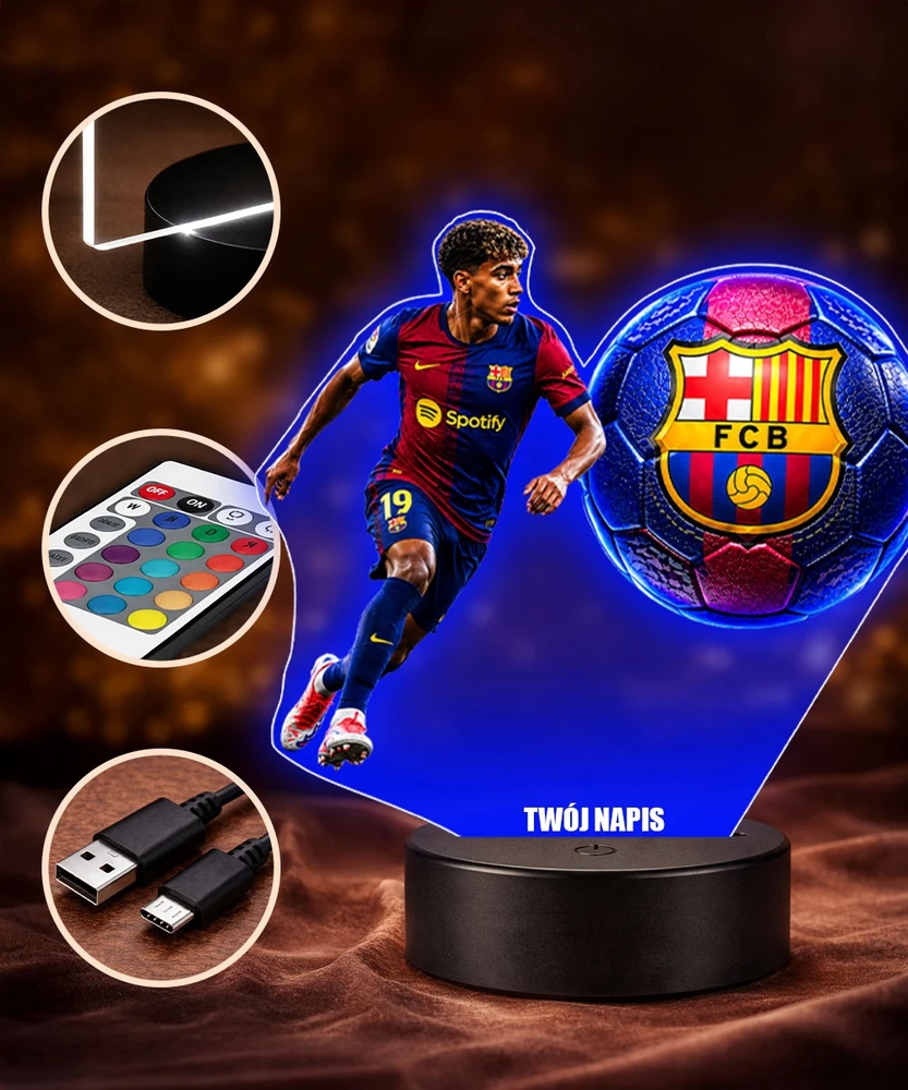 Plexido Lamine Yamal FC Barcelona 3D LED naktinė lempa su vardo dovana