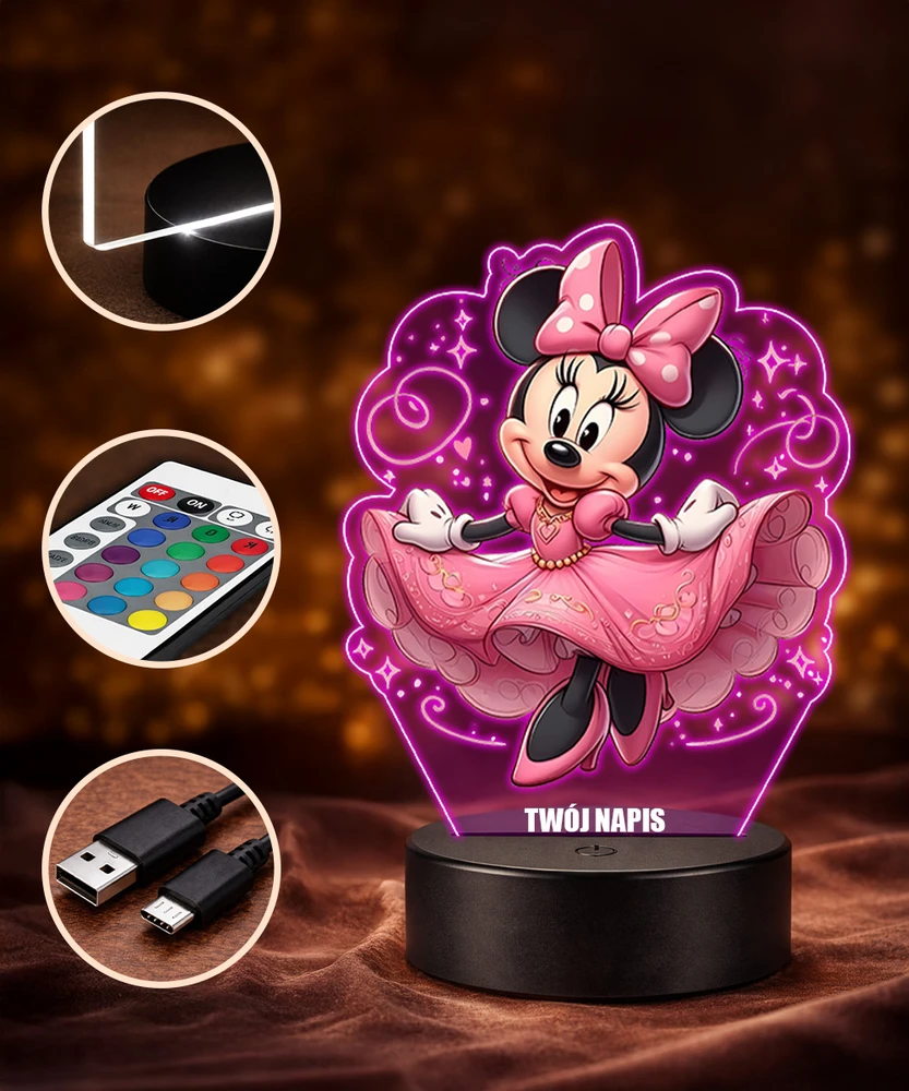Plexido Lampka LED 3D Myszka Minnie Mickey su Imieniem Dla Dziecka Prezent