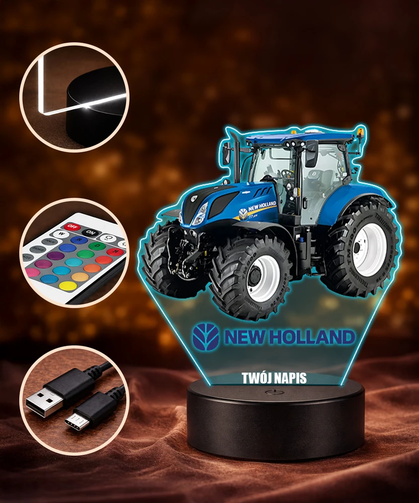 Plexido Lampka LED 3D New Holland Traktor su Imieniem Dla Chłopca Na Prezent