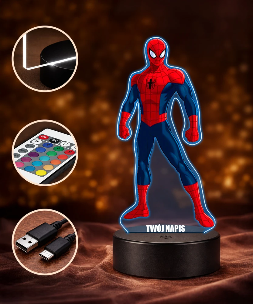 Plexido Lampka LED 3D Spider-Man Marvel su Imieniem Dla Dziecka Prezent