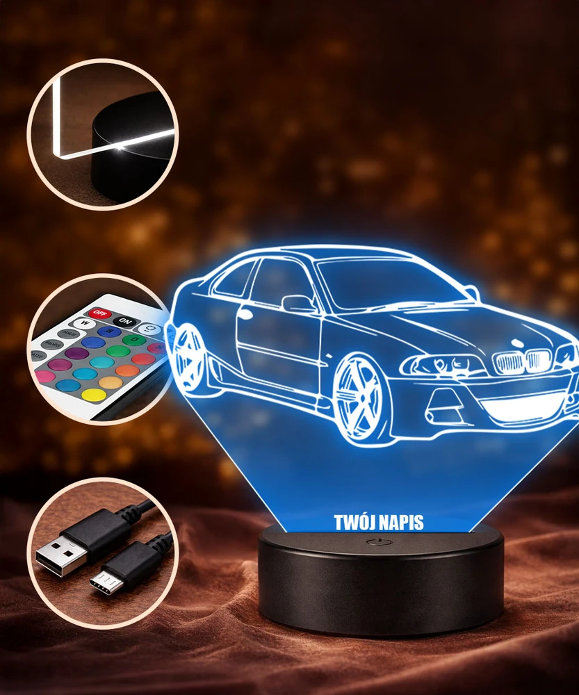 Plexido Lampka Nocna 3D LED BMW E46 Coupe Samochód Prezent