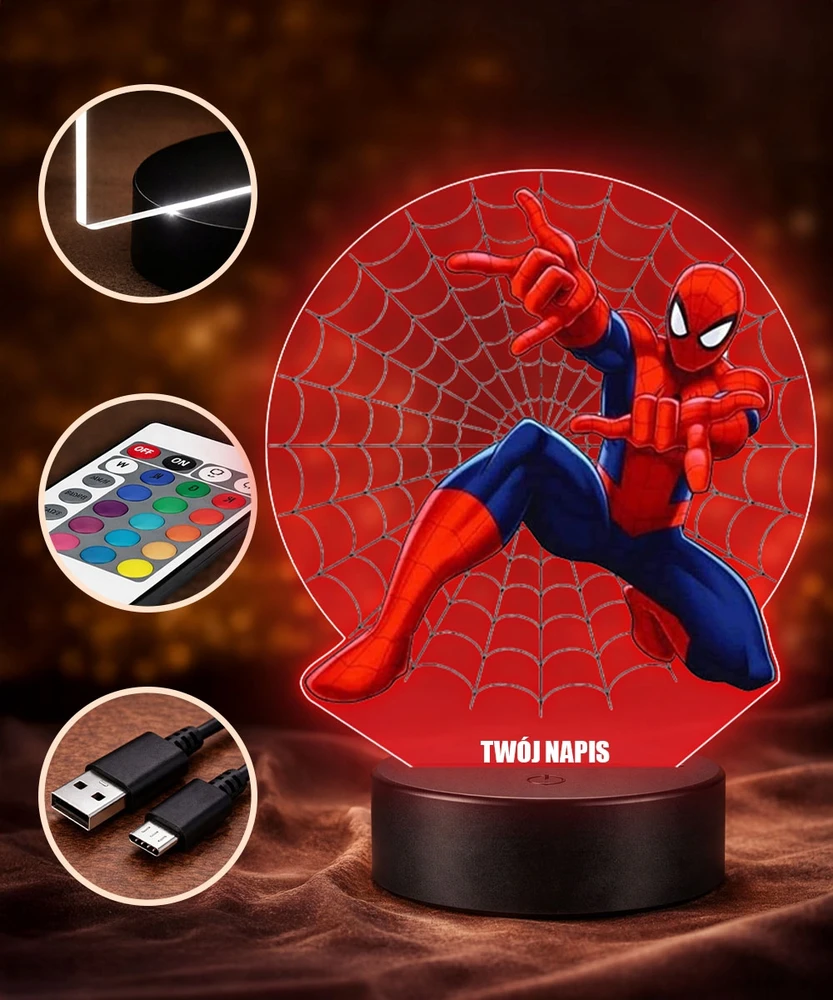 Plexido Lampka Nocna 3D LED Spiderman Marvel Pajęczyna Sieć Prezent dla Chłopców