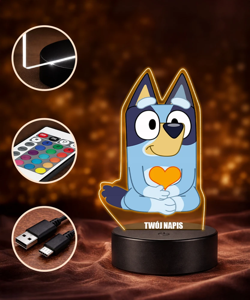 Plexido Lampka Nocna LED 3D Bluey Bajka Dla Dziecka Personalizowana