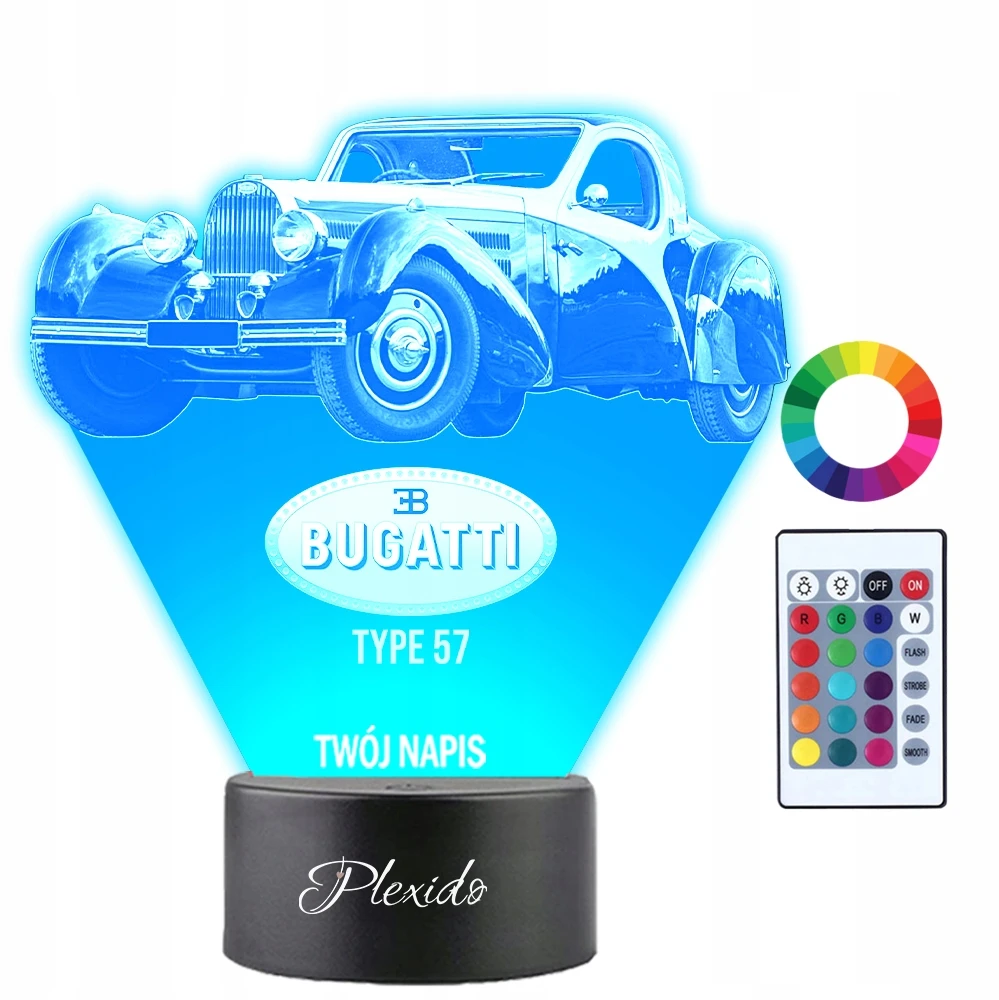 Plexido Lampka Nocna LED 3D Bugatti Type 57 Samochód Twój Napis Imię Grawer