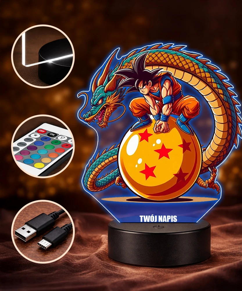 Plexido Lampka Nocna LED 3D Dragon Ball Z Goku Shenron Prezent Imieniem Anime Manga