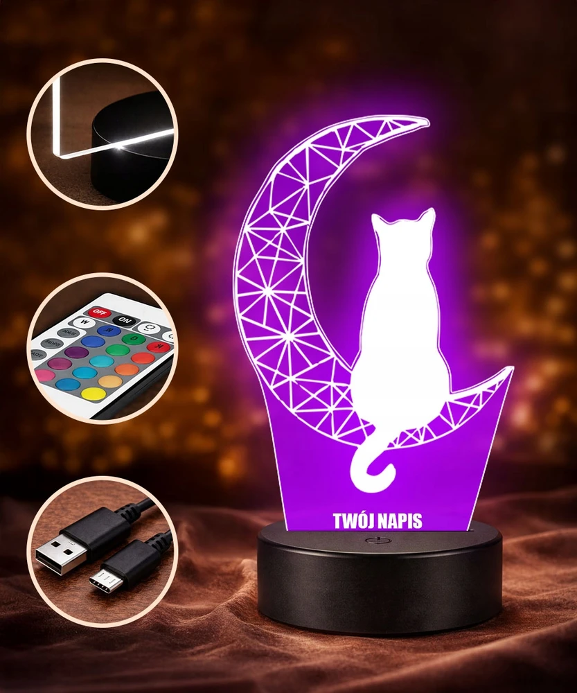 Plexido Lampka Nocna LED 3D Kot na Księżycu Grawer Imię