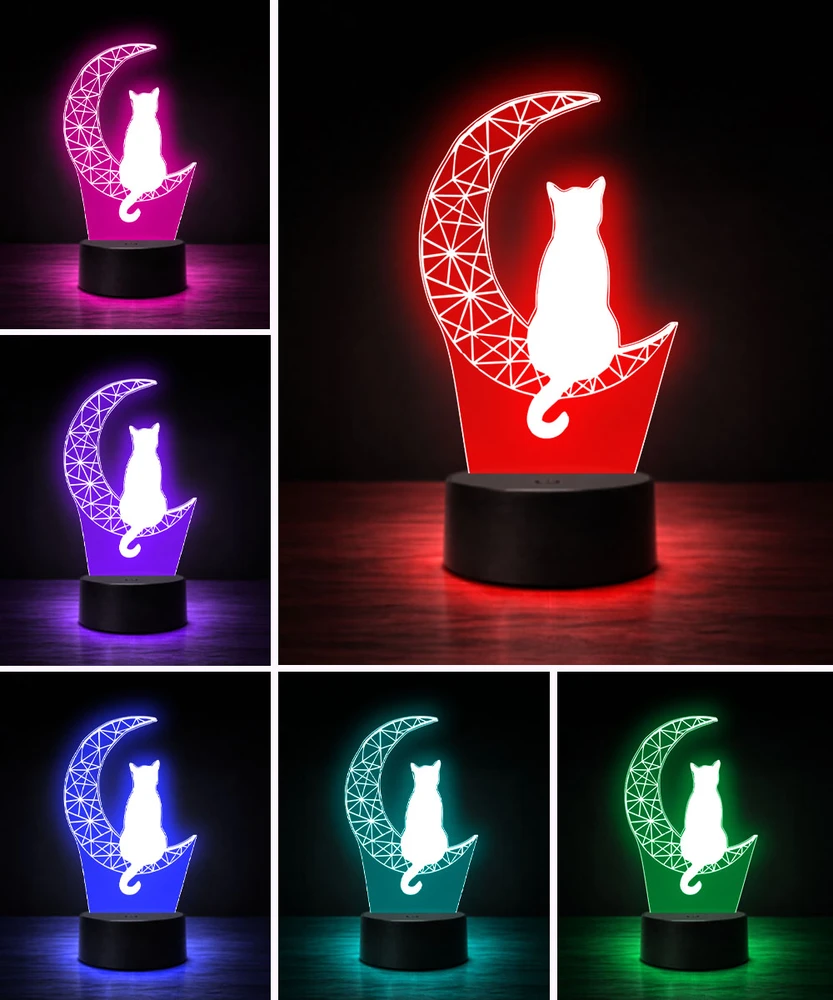 Plexido Lampka Nocna LED 3D Kot na Księżycu Grawer Imię