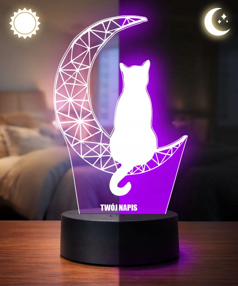 Plexido Lampka Nocna LED 3D Kot na Księżycu Grawer Imię
