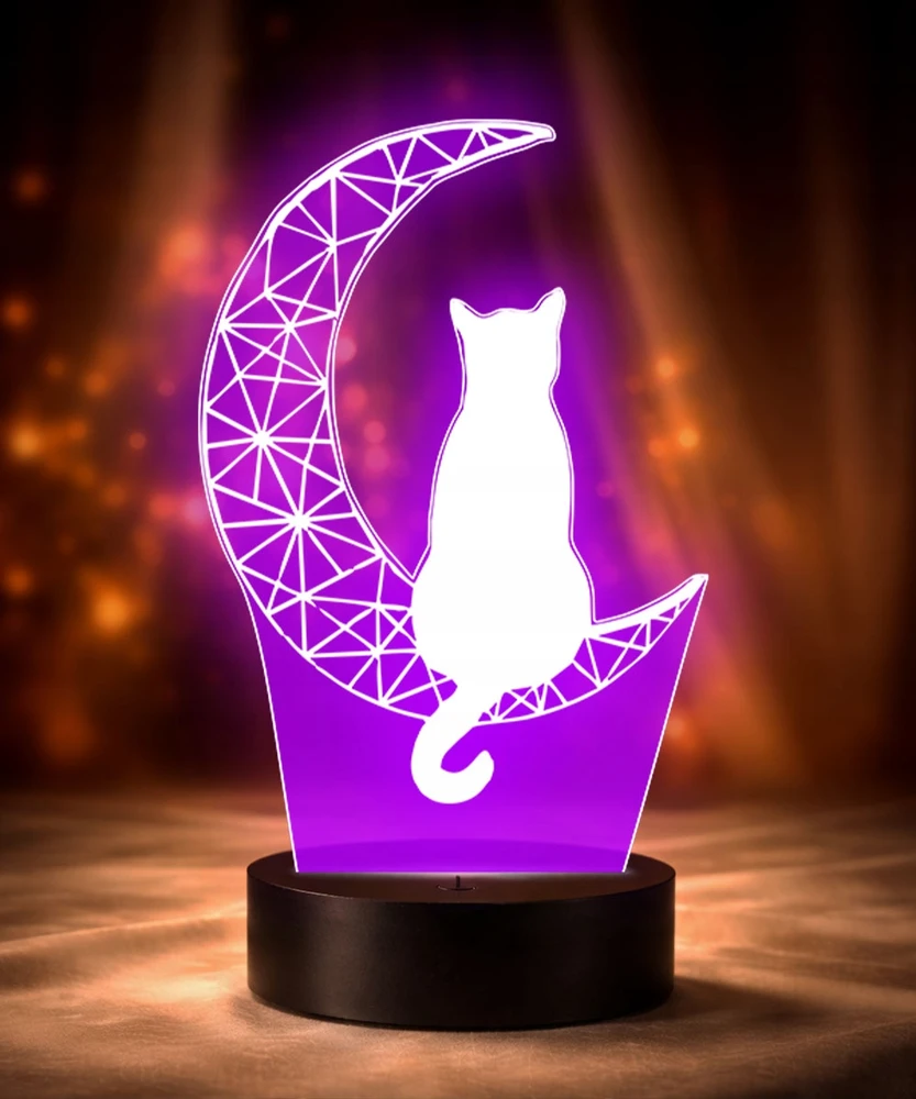 Plexido Lampka Nocna LED 3D Kot na Księżycu Grawer Imię