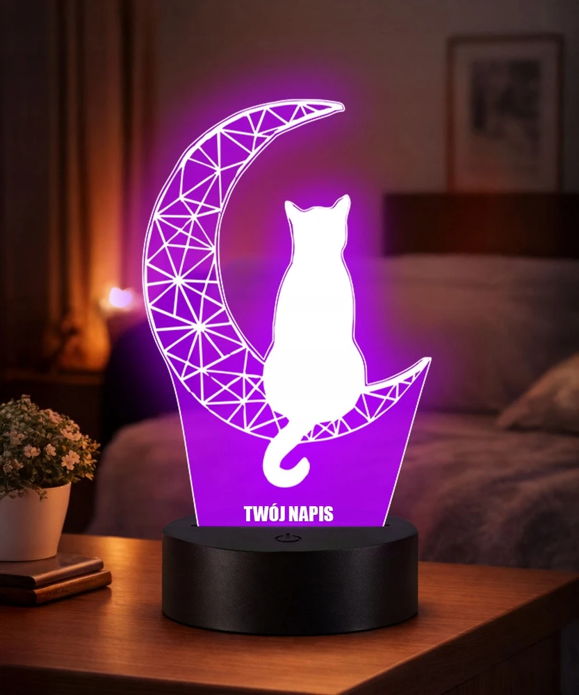 Plexido Lampka Nocna LED 3D Kot na Księżycu Grawer Imię