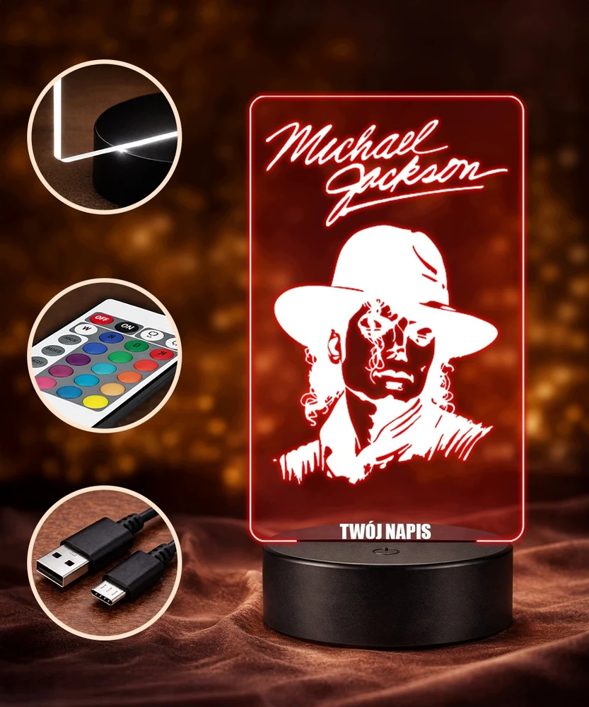 Plexido Lampka Nocna LED 3D Michael Jackson Autograf Dla Fana Personalizowana Imię