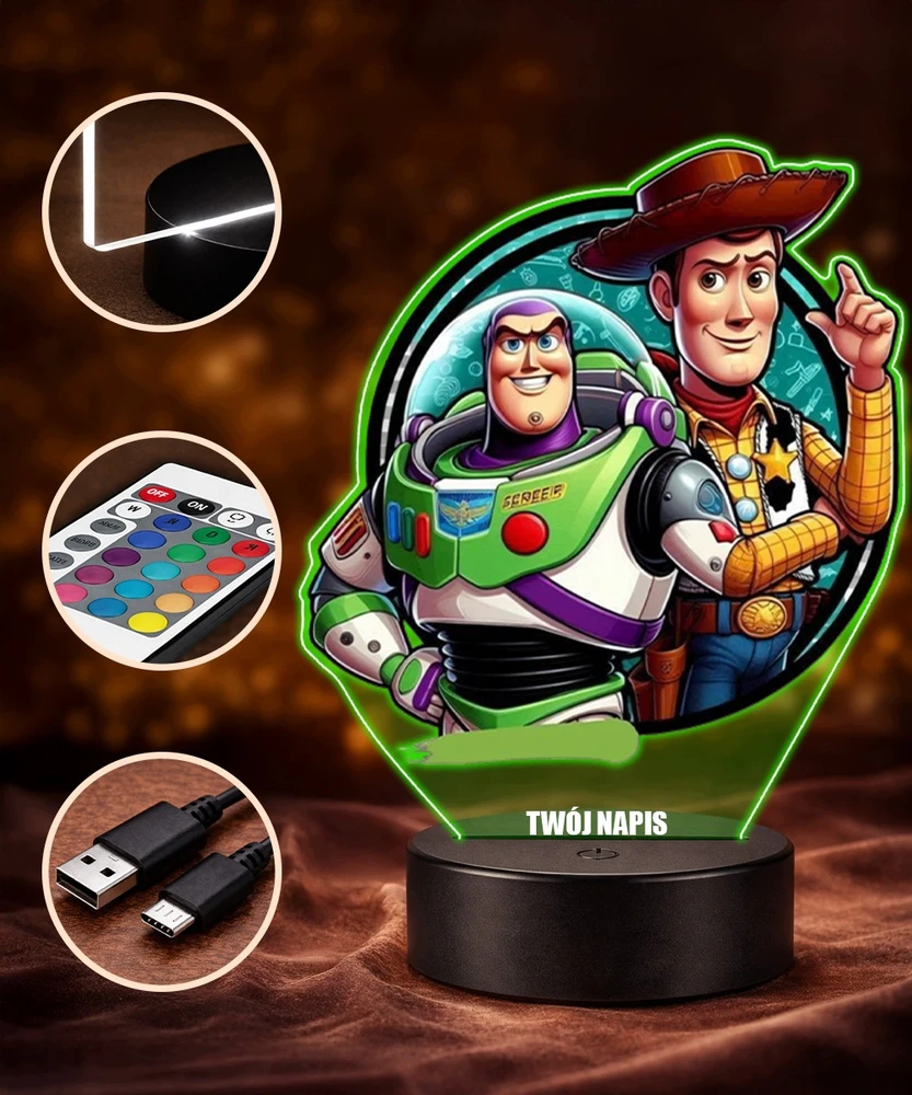 Plexido Lampka Nocna LED 3D Toy Story Buzz i Chudy su Imieniem Personalizowana