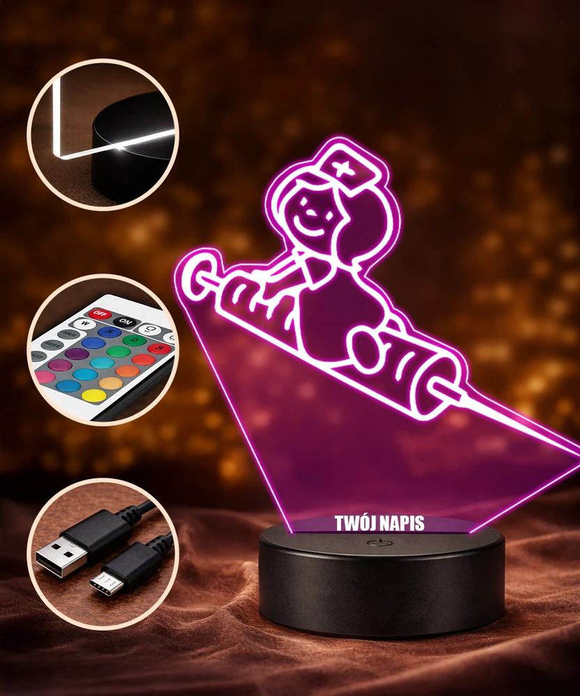 Plexido Lampka Nocna Strzykawka Pielęgniarka Twój Napis Grawer Prezent Imię 3D LED