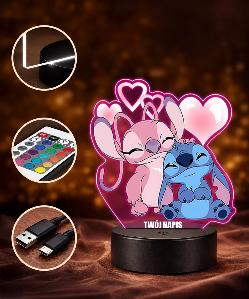 Plexido Lampka Nocna Z Nadrukiem Dla Dziecka Stitch i Angel Bajka Disney LED 3D