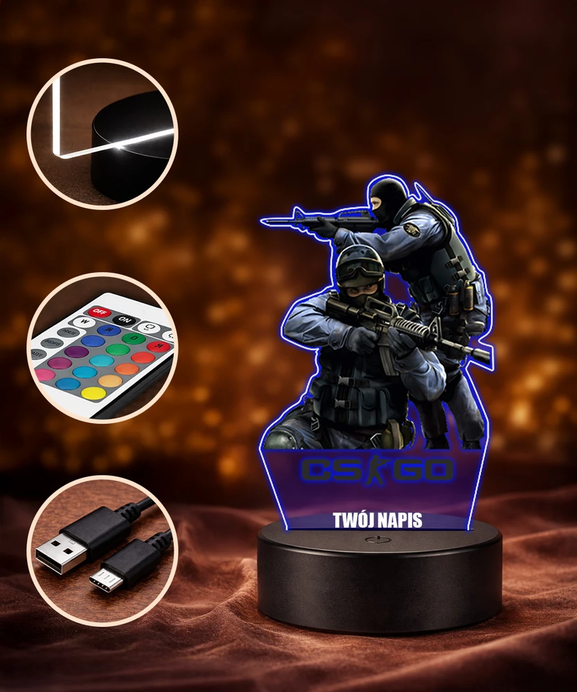 Plexido Naktinė lemputė CS:GO Games Anti-terrorists CS 2 3D LED kompiuterinis žaidimas CT ginklas