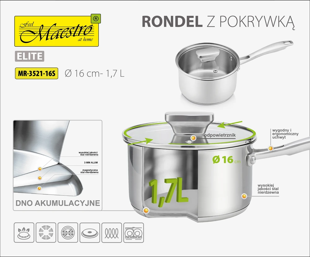 Plieninis puodas su dangčiu 16 cm, 1,7 l Maestro MR-3521-16S