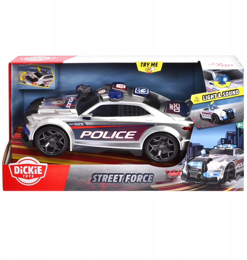 Policijos automobilis Dickie Toys Street Force su šviesos ir garso efektais, sidabrinės spalvos