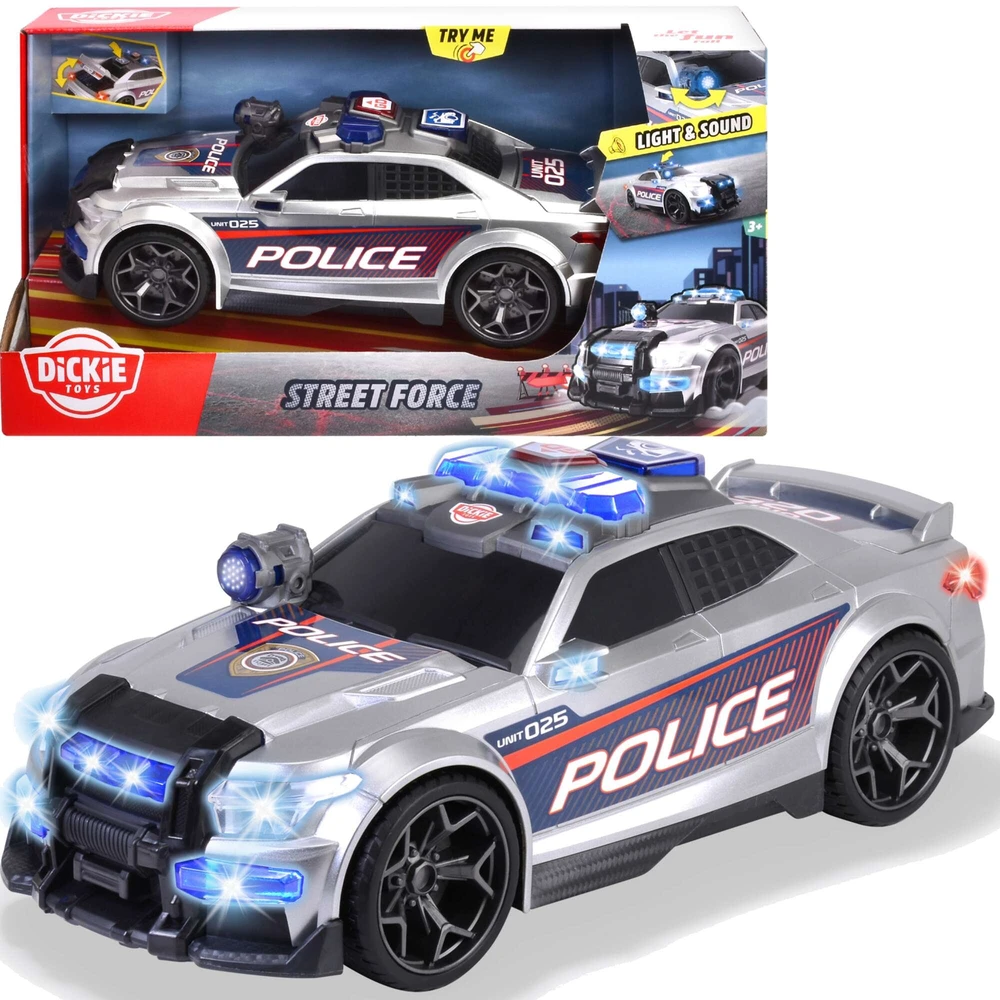 Policijos automobilis Dickie Toys Street Force su šviesos ir garso efektais, sidabrinės spalvos