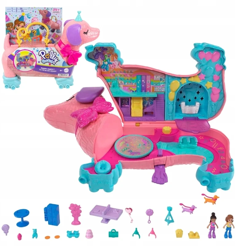 Mattel POLLY POCKET DOG PARTY RINKINYS KOMPAKTINIS LAGAMINAS + PRIEDAI 4+