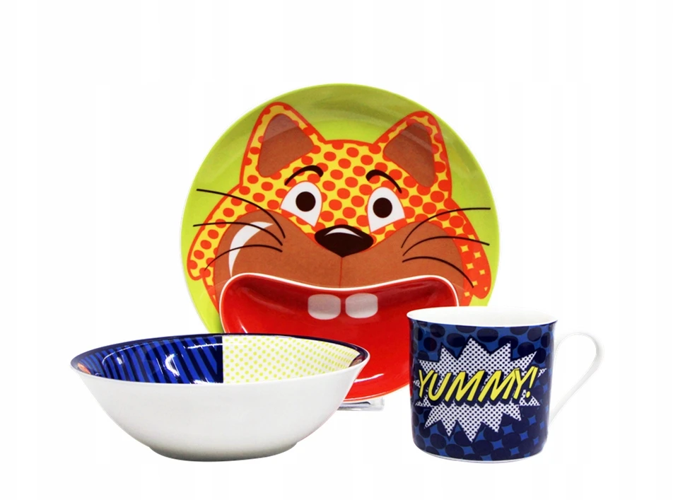 Porcelianinis indų rinkinys Pop Cat, vaikiškas indaplovėje plaunamas pietų rinkinys