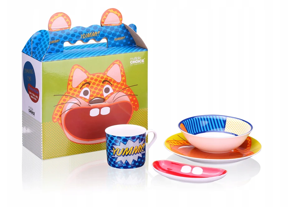 Porcelianinis indų rinkinys Pop Cat, vaikiškas indaplovėje plaunamas pietų rinkinys