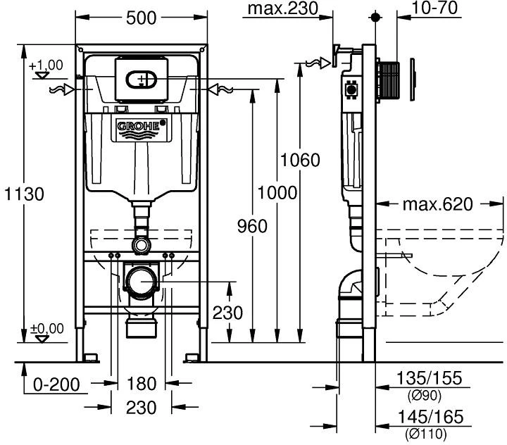 Grohe Rapid SL WC rėmas 3/6 ltr.; 1,13m (3 in 1) klavišas Skate AIR chromas, tvirtinimai