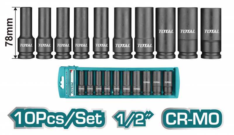Prailgintų smūginių galvučių rinkinys TOTAL, CrMo, 1/2", 10-24mm, 10vnt.THKISD12102L