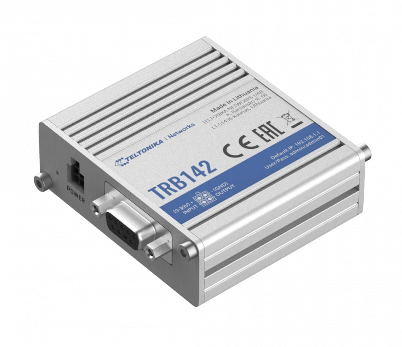 Šakotuvas Teltonika TRB142003000 Šliuzas, 2G/3G/4G LTE (1 kategorija), aprūpintas RS232 nuosekliajam ryšiui | Teltonika | LTE šliuzas | TRB142 | Nėra „Wi-Fi“ | Ethernet LAN (RJ-45) jungtys 0 | Tinklo ryšio palaikymas: ne | MU-MiMO: ne | 2G/3G/4G | Antenos tipas: 1 x SMA, skirtas LTE | 1 x virtuali tinklo sąsaja per mikro USB