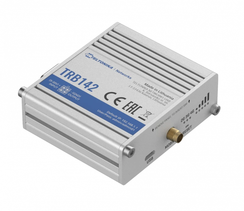 Šakotuvas Teltonika TRB142003000 Šliuzas, 2G/3G/4G LTE (1 kategorija), aprūpintas RS232 nuosekliajam ryšiui | Teltonika | LTE šliuzas | TRB142 | Nėra „Wi-Fi“ | Ethernet LAN (RJ-45) jungtys 0 | Tinklo ryšio palaikymas: ne | MU-MiMO: ne | 2G/3G/4G | Antenos tipas: 1 x SMA, skirtas LTE | 1 x virtuali tinklo sąsaja per mikro USB