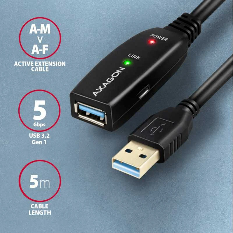 Axagon Active prailginimo USB 3.2 Gen 1 A-M > A-F laidas, 5 m ilgio. Maitinimo variantas.