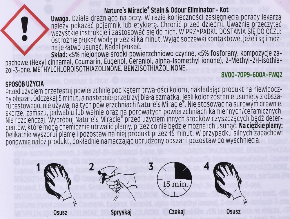 Valiklis kačių dėmėms ir kvapams šalinti Nature's Miracle Stain & Odour Eliminator, 946ml