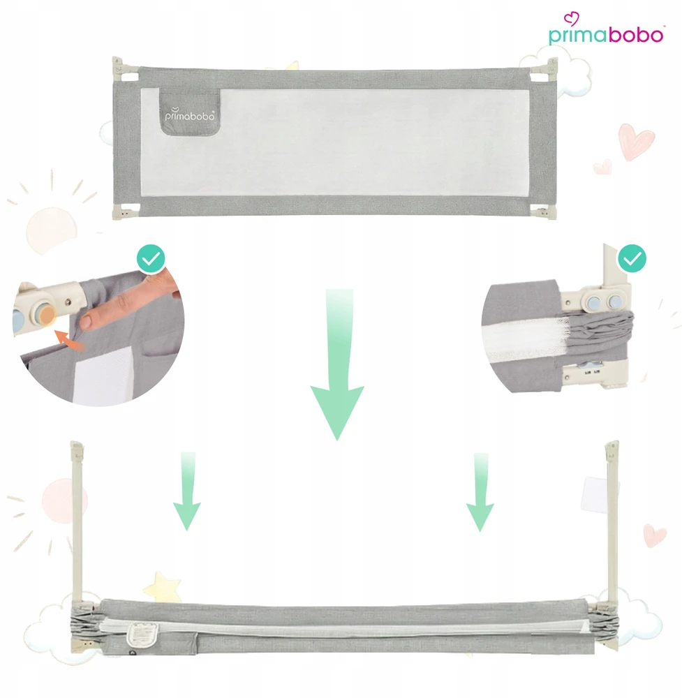PRIMABOBO Apsauginis bėgelis lovai CLASSIC 180cm vaikams HIGH Pilkas