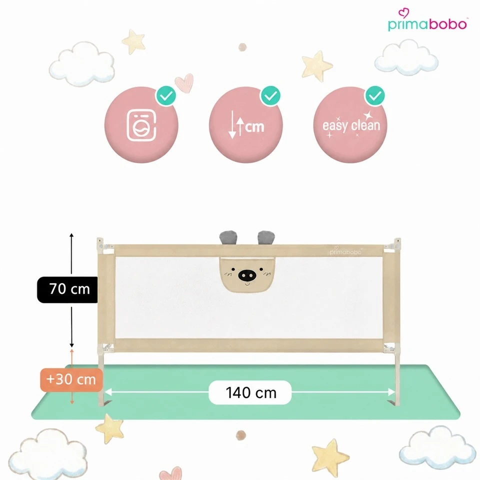 PRIMABOBO Barierka ochronna do łóżka MIŚ 140cm SKŁADANA, vaikams BEŻOWA