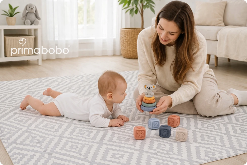 PRIMABOBO Dvipusis sulankstomas putplasčio kilimėlis 120x180 vaikams rusvai gelsvas Pilkas
