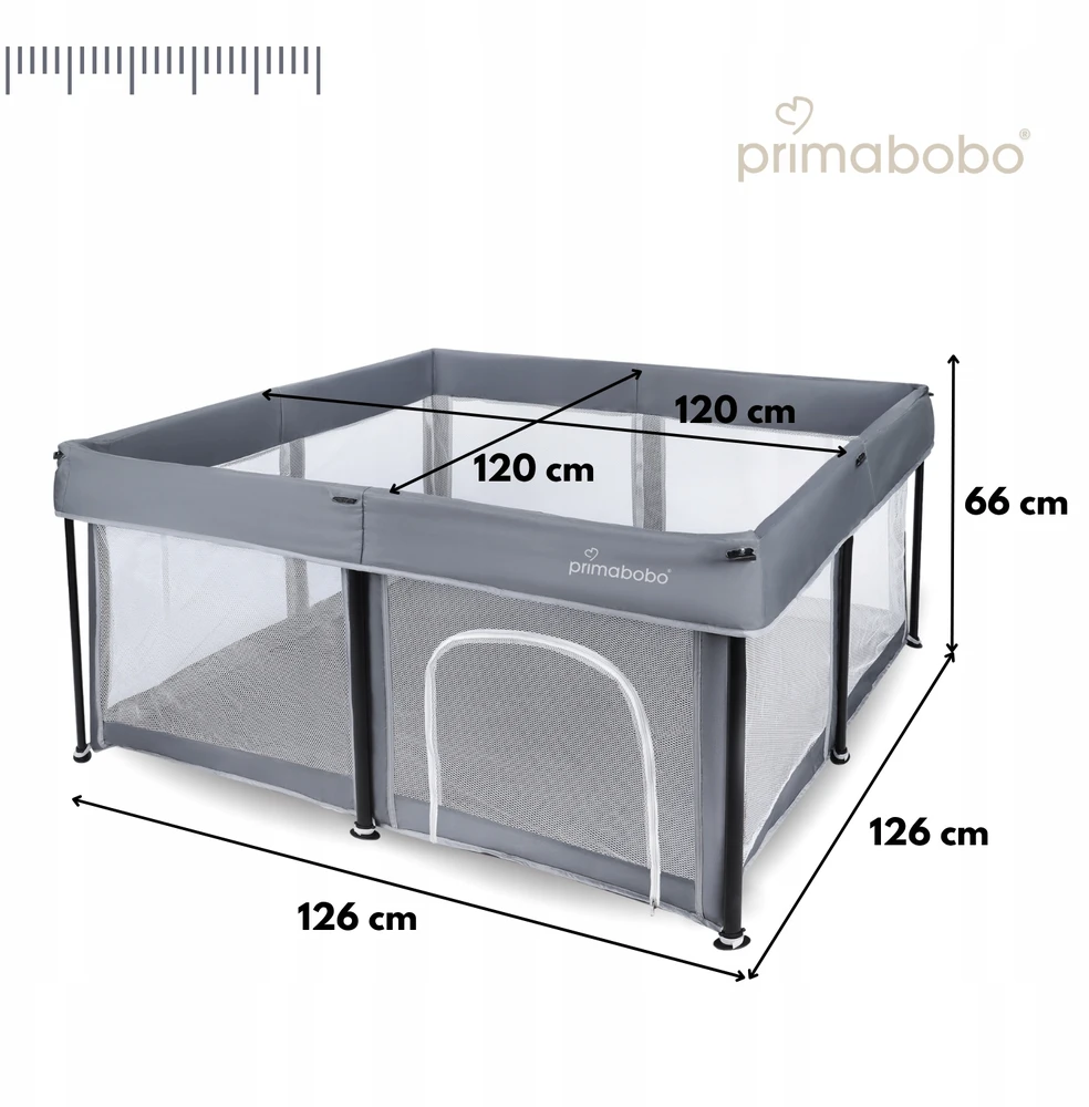 PRIMABOBO Kūdikių maniežas TINA Sulankstomas kelioninis Didelis 126x126cm Pilka