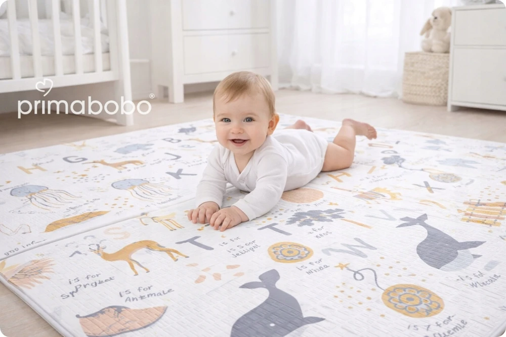 PRIMABOBO Porolono kilimėlis vaikams 120x180 Dvipusis sulankstomas + krepšys BEIGE
