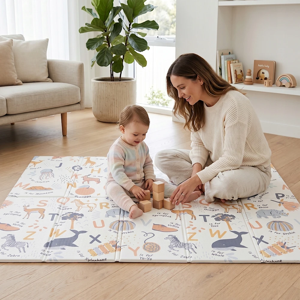PRIMABOBO Porolono kilimėlis vaikams 120x180 Dvipusis sulankstomas + krepšys BEIGE