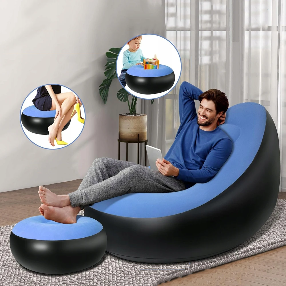 Pripučiama paplūdimio sofa, pripučiama kėdė su atrama kojoms, pripučiamas šezlongas