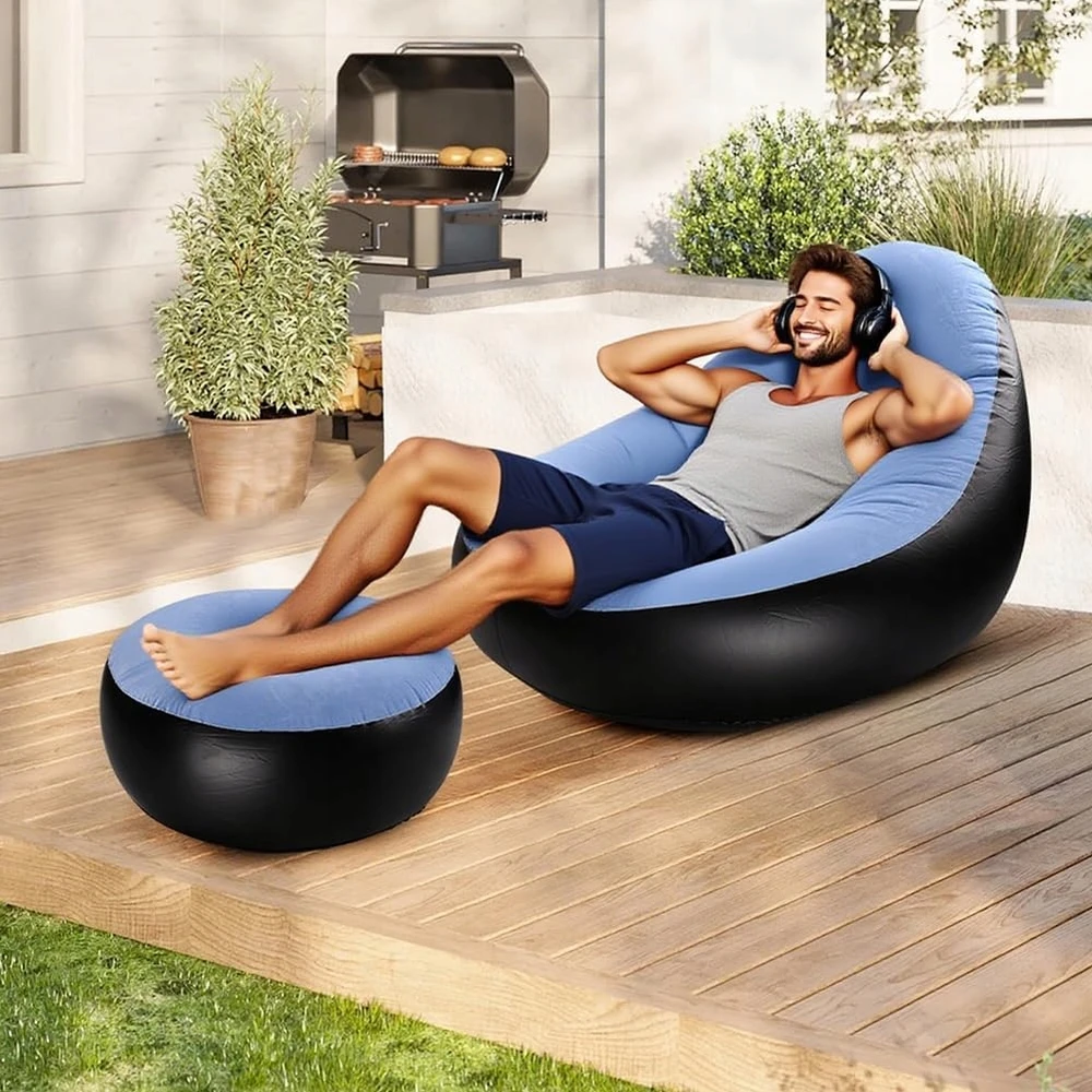 Pripučiama paplūdimio sofa, pripučiama kėdė su atrama kojoms, pripučiamas šezlongas